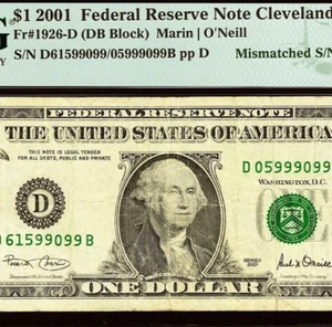2001 $1 Federal Reserve Note PMG 25 - Error Note - Three Digit Mismatch Error - Picture 1 of 4