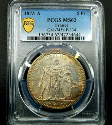5 Francs 1873 A Paris Liberty Equality Hercule Third Republic France MS62 PCGS!! - Image 1 of 4