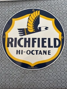 "Letrero esmaltado de alto octanaje Richfield Gasoline & Oil Company 12""" - Imagen 1 de 11