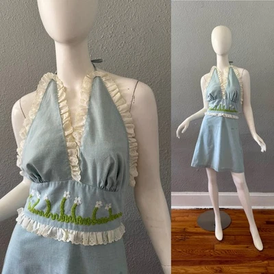 Mini Vestido Vintage Años 60 70 Azul Volantes Ojales Encaje Halter Algodón XS/S Foto 1 de 4