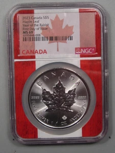 Hoja de arce de $5 de plata Canadá 2023. NGC MS69 FDOI. Año del Conejo. - Imagen 1 de 9
