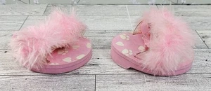 Build a Bear BABW rosa flauschige Feder Sandalen hochhackige Schuhe Hausschuhe Pfotenabdruck Sohle - Bild 1 von 7
