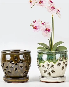 4 Inch Ceramic Orchid Pots with Holes and Saucers - 2 Pcs Small Succulent Pot... - Picture 1 of 6