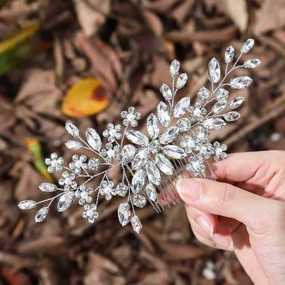 Crystal Bride Wedding Hair Comb Silver Rhinestone Flower Bridal Hair Pieces P... - Image 1 of 4