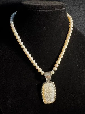 Vintage Unique Signed Real Pearl Sterling Silver 925 & MOP Pendant Necklace - Image 1 of 4