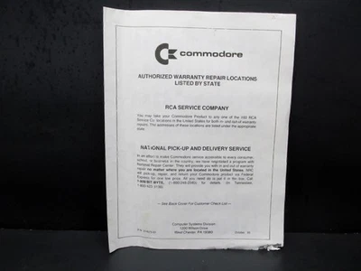 Commodore Authorized Warranty Repair Location Listed by State, Oct. 1985 - Image 1 of 3