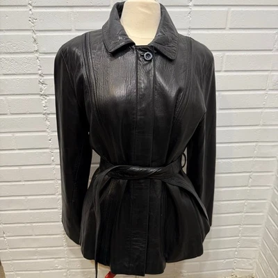 Jaqueta de couro vintage Jones New York com cinto preto feminina grande clássica retrô - Imagem 1 de 4