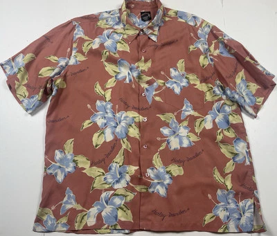 Camisa hawaiana Harley Davidson rosa floral seda 2XL Foto 1 de 4