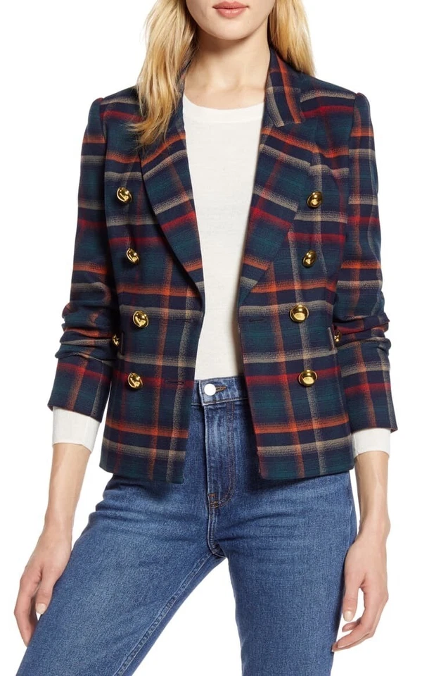 Blazer halógeno Atlantic Pacific para mujer talla 4 azul a cuadros forrado con doble botonadura Foto 1 de 4