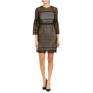 J. Crew Crochet Overlay Nude Dress Cocktail Black Daisy Lace Bell Sleeve Size 4 - Picture 1 of 4
