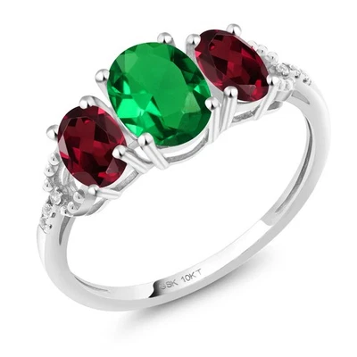10K White Gold Simulated Emerald Rhodolite Garnet and Diamond 3-Stone - Image 1 of 4