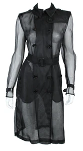 BURBERRY Black Silk Organza Leather Trim Double Breasted Trench Coat 10 12UK - Picture 1 of 6