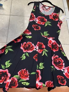 Lularoe Soft Jersey Nicki Fit Flare Dress Black Red Pink Rose Pockets S NWT - Picture 1 of 1