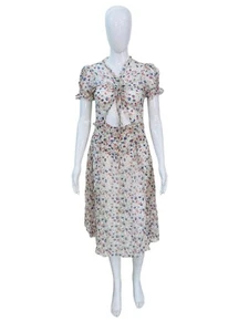 Doen Womens Short Sleeves Ruffled Pleated Floral Printed Silk Midi Gown Dress XS - Picture 1 of 14