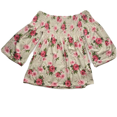 Blusa elástica autoestima floral fora do ombro nude/vermelha; tamanho XL; mangas de sino - Imagem 1 de 4