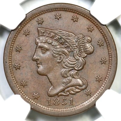 1851 C-1 NGC MS 63 BN Braided Hair Half Cent Coin 1/2c - Image 1 of 3