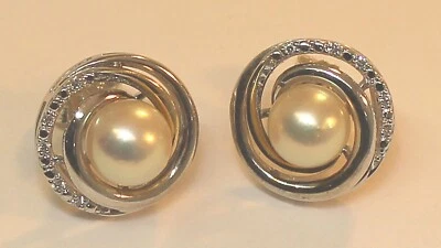 STERLING SILVER + 14K YELLOW GOLD PEARL BUTTON EARRINGS with DIAMOND - Image 1 of 3