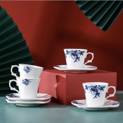 Juego de 4 tazas y platillos espresso florales azules de porcelana fina Porlien de 2 onzas Foto 1 de 4