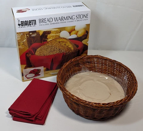 Bialetti Bread Warming Stone Basket Red Bread Cloth Napkin Cover