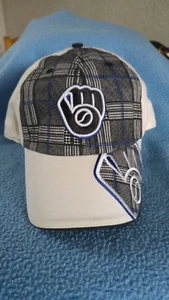 Milwaukee Brewers Baseball Cap Embroidered size Large White/plaid - Picture 1 of 9