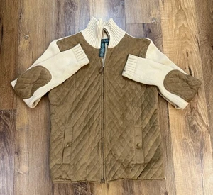 Lauren Ralph Lauren Quilted Faux Suede Knit Sweater Jacket Medium Tan/Beige - Bild 1 von 10
