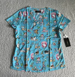 Koi Basics Scrub Top Women’s Sz Medium Cats Dogs Under Sea Blue Nursing Medical - Picture 1 of 11