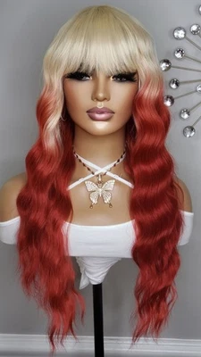 NEW Long Wig 613 Red Blonde Ombre Wavy Bangs Style Human Hair Blend Full Cap Wig - Image 1 of 4