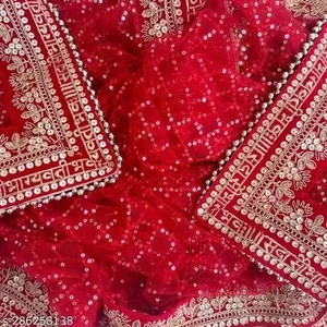 Braut Netz Dupatta Zari Stickerei schwere Bordüre Hochzeitskleidung traditionelle Mode - Bild 1 von 6