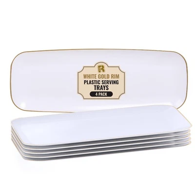 Plastic Serving Trays 4 Pack White Gold 17x6.5 in Dessert Party Platters - Image 1 of 4
