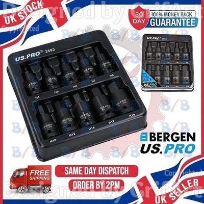 USPRO 10PC 1/2" DRIVE IMPACT HEX SOCKET BIT SET H4 H5 H6 H7 H8 H10 H12 H14 17 18 - Image 1 of 4