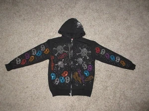 Vintage Gino Green Global Strass 999 Totenkopf Reißverschluss Hoodie Damen XL - Bild 1 von 8