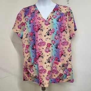 Betsey Johnson Women's Size 2X Floral Rainbow Short Sleeve Scrub Top Pockets     - Picture 1 of 17