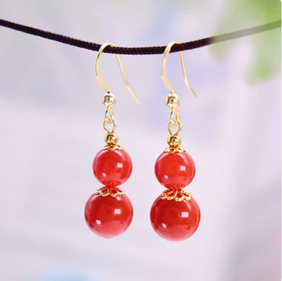 14k Yellow Gold Genuine 8-10mm Red Jade Ball Post Drop Dangle Earrings Beautiful - Image 1 of 4