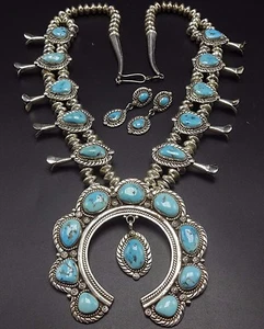 Conjunto de collar y pendientes vintage NAVAJO de plata esterlina turquesa flor de calabaza - Imagen 1 de 12