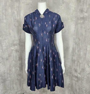 Vintage 50s Womens Blue Textured Pink Geo Pattern Fit and Flare Cocktail Dress - Picture 1 of 4