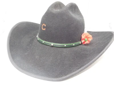 AT2 Charley 1 Horse 3X Fur Felt Black Low Cattleman Hat Size 7 Leather Accents - Image 1 of 4