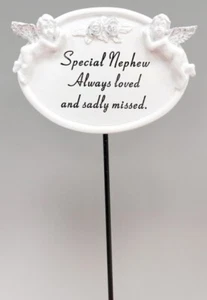 GEDENK NEFFE WEISS & SILBER DOPPEL CHERUB OVALE PLAKETTE STAB BEERDIGUNG SPIKE - Bild 1 von 1