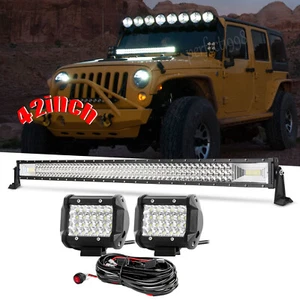 42" Tri-Row LED Light Bar + 4" Pods + Wire Combo Kit for JEEP Wrangler JK Truck - Foto 1 di 24