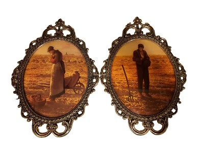Pair Oval Convex Dome Glass Pictures Ornate Brass Frame Farmer/Wife Praying 17" - Image 1 of 4