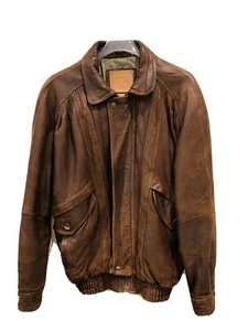 Pour Le Sport Vintage Brown Leather Jacket Bomber Distressed Zip Snap Lined 42 - Picture 1 of 12