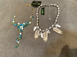 SAM EDELMAN Silver Crystal Leaf Faux Pearl Signed & Nordstrum Crystal Necklace - Picture 1 of 13
