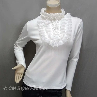 Blusa Top Blanco Estampado Cuello Encaje Apliques con Volantes Cuentas S Foto 1 de 4
