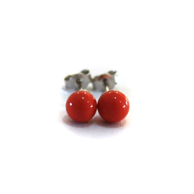 18K WHITE GOLD 6mm SPHERES INTENSE RED RECONSTRUCTED CORAL BUTTON EARRINGS - Image 1 of 3