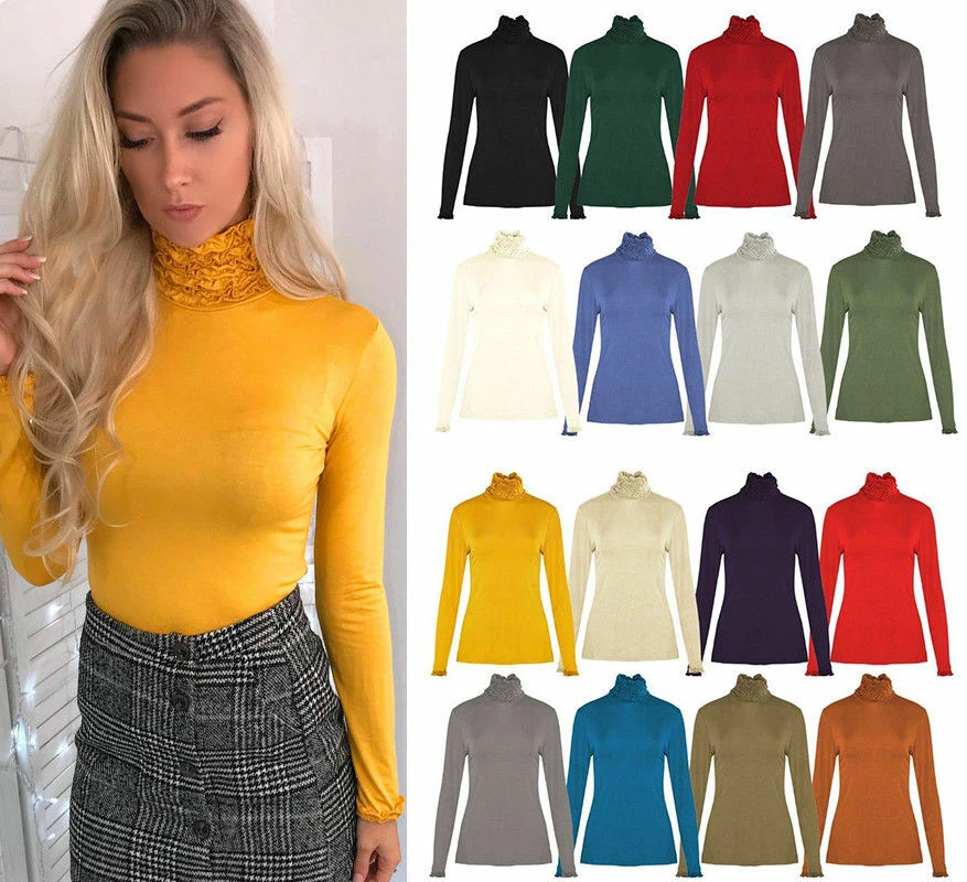 Women's Frill Ruffles High Neck Polo Top Ladies Long Sleeve Jumper Tops UK 8-14 - Image 1 of 1