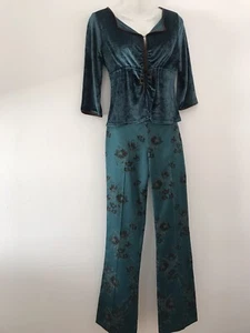 KAREN MILLER TURQUOISE VELVET FITTED TOP SIZE 12 AND BROCADE TROUSERS SIZE 8 - Picture 1 of 12