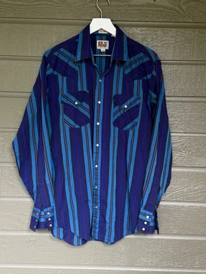 Vintage Ely Cattleman Pearl Snap Western Shirt Stripes Lg Tall 16 1/2 x 37 Blue - Image 1 of 4