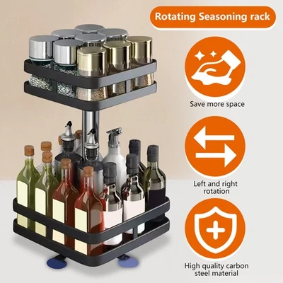 2 Tiers Lazy Susan Organizer Spice Rack Metal Seasoning Organizer Kitchen Black - Image 1 of 4