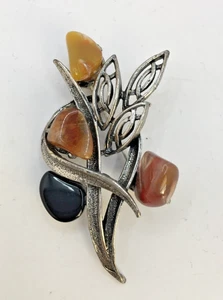 Vintage Pewter Tone Brooch Pin Mixed Gemstones Knot Design 6cm   J41 P342 - Picture 1 of 11