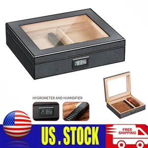 25-30CT Cigar Humidor Case Wood Glass Top Humidifier W/ Cigar Hygrometer Box - Picture 1 of 11