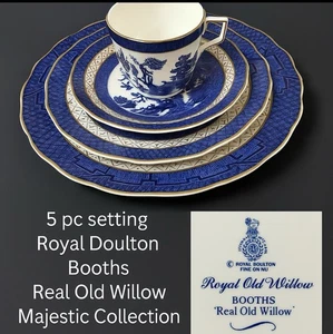 Royal Doulton Majestic Booths Real Old Willow, 5 Pc Setting, 1980's Gold Trim - Picture 1 of 15